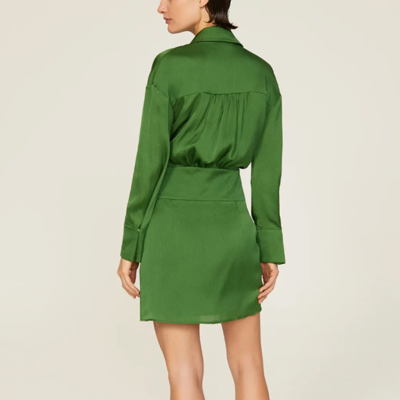 BA&SH Green Mini Shirt Dress XS Wrap Designer Cocktail Satin Ruched Holiday $340 - Picture 3 of 12